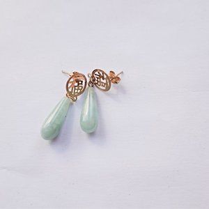 14K Gold Chinese Green Jade & Chinese Oriental  Symbol Tear Drop Dangle Earrings